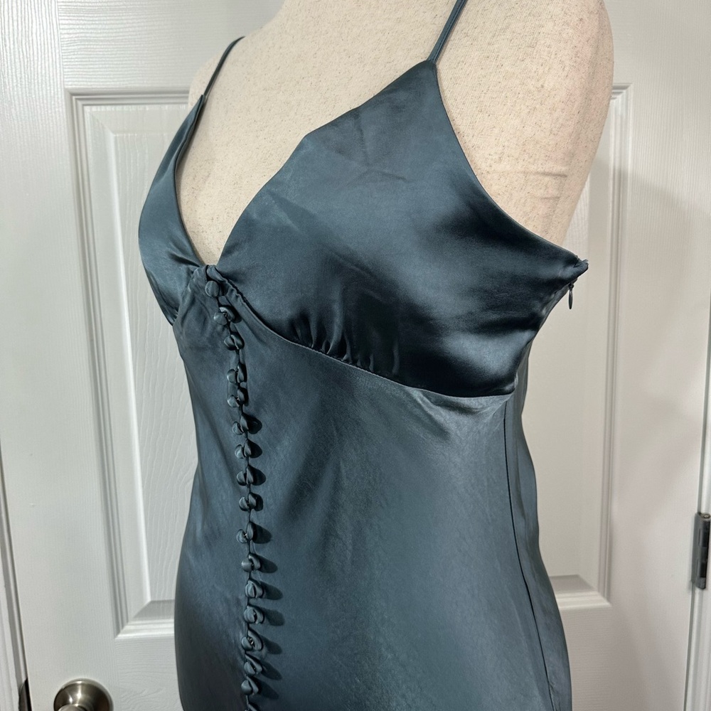 Dress Forum Gray Blue Satin Maxi Dress Silk spaghetti straps zip up faux button - Picture 7 of 16